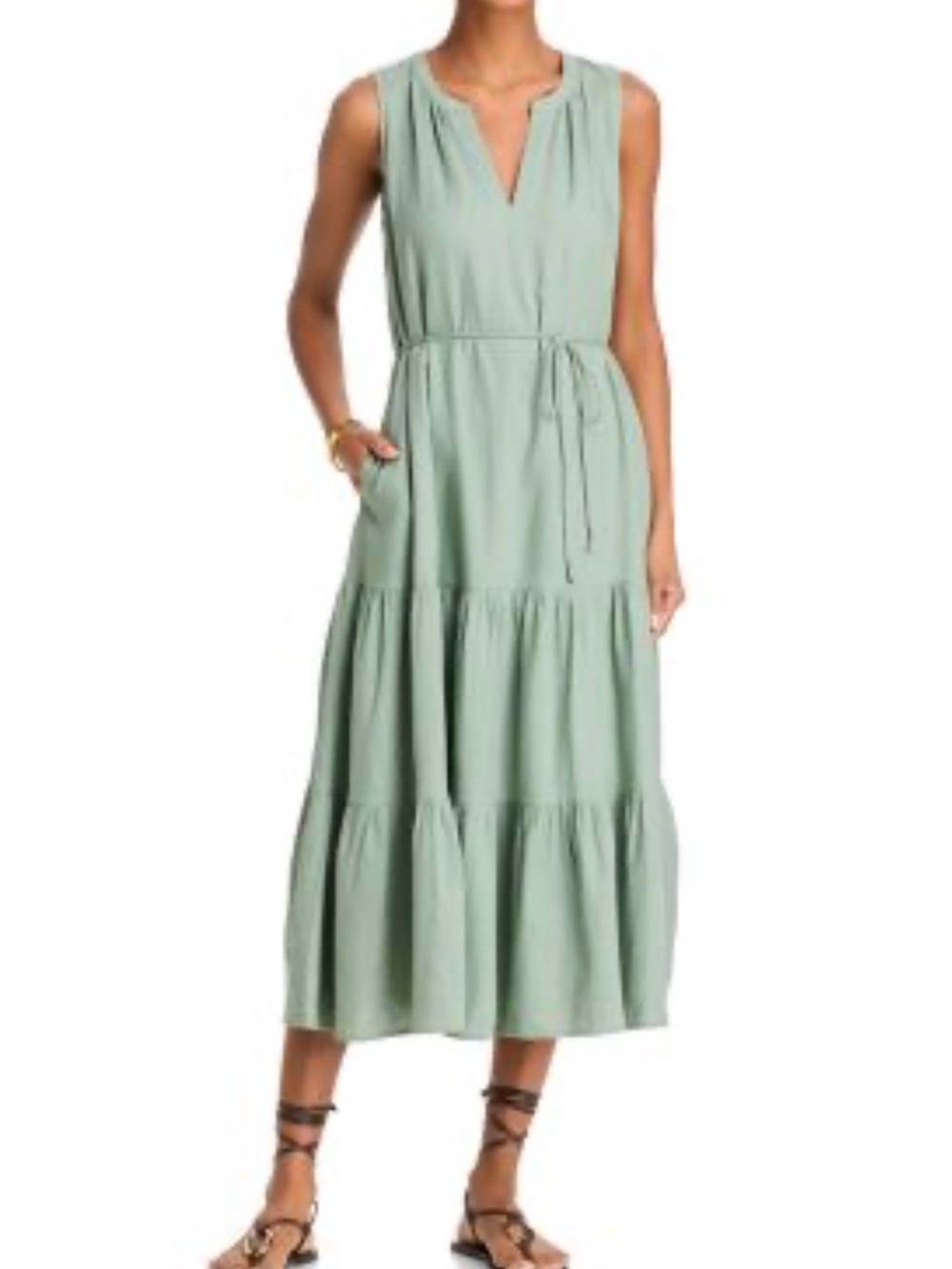 Sleeveless Sage Tiered Maxi Cotton Summer Vacation Dress with Elastic Waist Sm